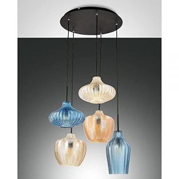 Lampada a sospensione Olbia, Ø 50 cm, 5 luci, ambra/azzurro/beige, vetro