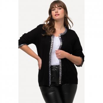 Giacca da donna in stile Tracht lavorata a maglia, scollo girocollo, ruches di raso, nero, taglia 60/62, cotone/poliestere