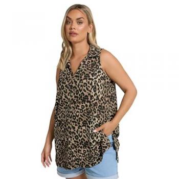 Leopard Print Textured Sleeveless Dress Shirt, Brown, Women’s 26/28
