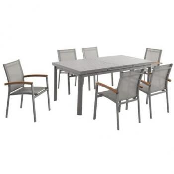 Comedor al aire libre Gris Topo – Mesa extensible 180 cm / 240 cm, 6 sillas apilables de acacia con apoyabrazos