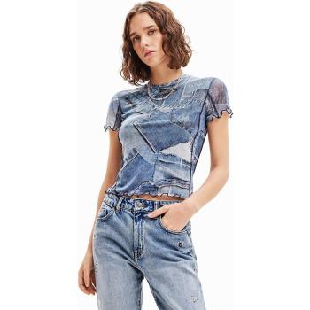 Camiseta Azul em Tule com Detalhes Patchwork