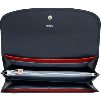 Cartera grande en piel de becerro napa azul marino con solapa y bolsillos para tarjetas de crédito