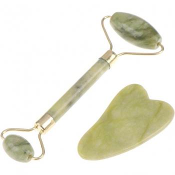 Herramientas de Belleza Natural Jade: Rodillo Verde 2 en 1 con Gua Sha – Relajación y Adelgazamiento facial