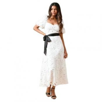 Dorothy Perkins White Petite DP Luxe Cutwork Midi Dress – Belted – 8