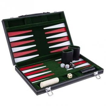 Backgammon 38 cm avec valise, feutre et simili cuir surpiqués vert/rouge/blanc