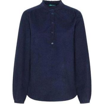 Nachtblaue Cordbluse für Damen mit Rüschenkragen