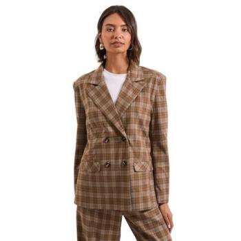 Check-Patterned Double-Breasted Blazer (Brown), 8