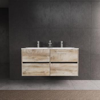 Diamante Inda: Mueble de Baño 4 Cajones L.120 con Lavabo Doble Brillante y Acabado Roble Natural