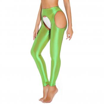 Leggings de Yoga Brillant Taille Haute Évider Entrejambe Femme Vert Fluo