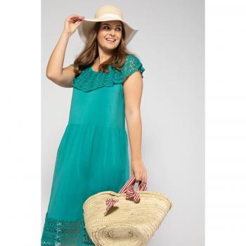 Abito in cotone verde con volant di pizzo e spalle scoperte, Taglia 56/58, Ulla Popken