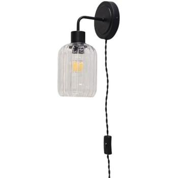 Black Ribbed Lozenge Glass Plug‑In Wall Fixture