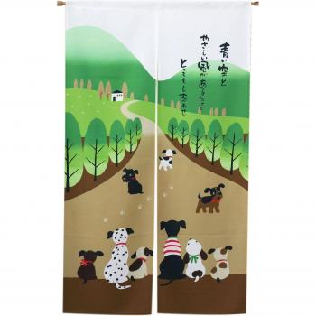Japanischer Stil Wandteppich Türvorhang 33,5 Zoll x 59 Zoll (Glückliche Hund Familie)