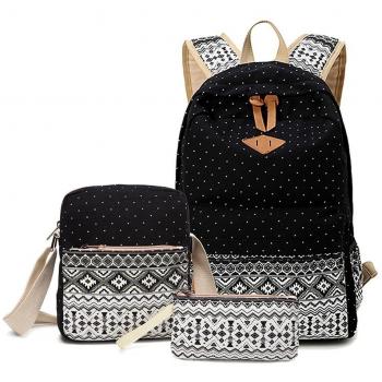 Alando Schulrucksack Set inkl. Schultertasche und Geldbeutel/Mäppchen (Vintage-Schwarz)