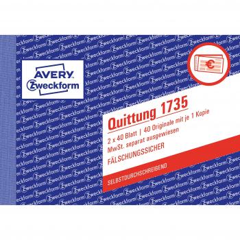 Avery Zweckform A6 Quittungsblock 1735 – 2x40 Blatt, Durchschlag, MwSt. ausgewiesen