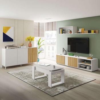 Conjunto de Muebles de Salón Comedor Moderno Melamina Blanco Mate y Roble Natur