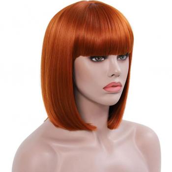 Perruque 14'' Bob Court Synthétique avec Frange Orange Gingembre
