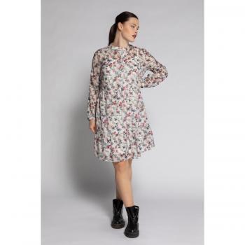Abito lungo svasato con stampa floreale, Donna, Beige, Taglia 52/54, Poliestere/Viscosa/Fibre sintetiche