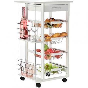 HOMCOM Storage Cart on Wheels for Dining Room, Kitchen Island with 4 Baskets and Drawer, Side Racks, White