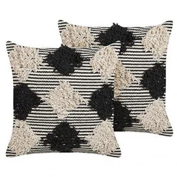 Set of 2 Handwoven Boho Cotton Scatter Cushions, 50 x 50 cm, Geometric Pattern, Beige and Black