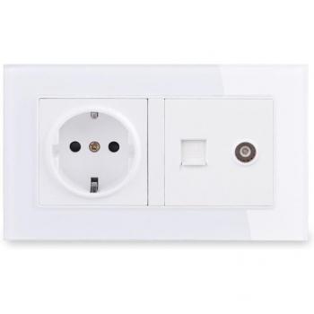 COSWALL EU Wall Socket with Tempered Glass Panel, TV Jack, and RJ45