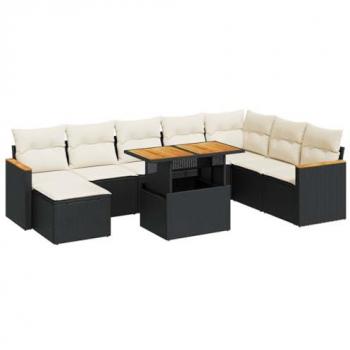 Black Poly Rattan 9 Piece Garden Sofa Set with Cushions Acacia