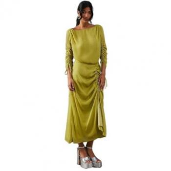 Chiffon Slash Neck Drawstring Detail Midi Dress