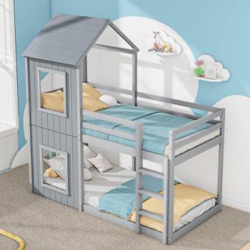 Letto da Castello per Bambini 90x200 Grigio con Finestra Casa