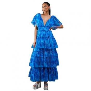 Blue Tulle Floral Tiered Maxi Dress with Flutter Sleeves