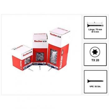 Fischer 50 x Spanplattenschraube Power-Fast II 5,0x70, Senkkopf mit Innenstern TX Vollgewinde galvanisch verzinkt, blau passiviert