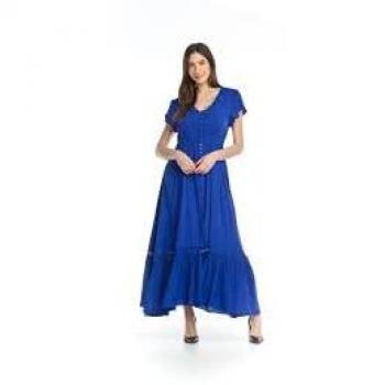 Blue Ruched Waist Midi Dress with Button Detail & Metallic Thread