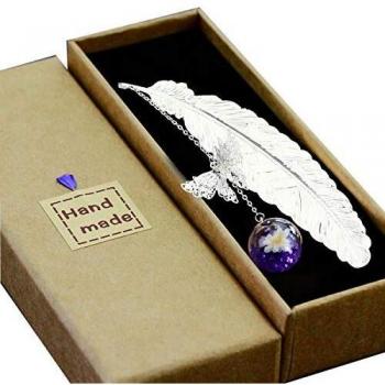 Toirxarn Silver Feather Bookmark with Purple and White Flower