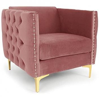Fauteuil velours rose et pieds métal doré Josua