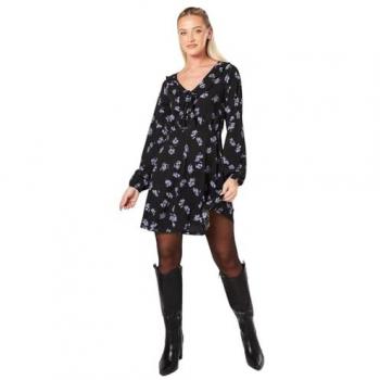 Womens Blue Spaced Ditsy Frill Front V Neck Mini Dress