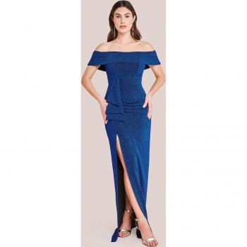 Royal Blue Sparkle Bardot Maxi Dress with Waterfall Ruffle