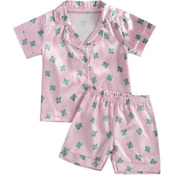Ensemble pyjama enfant, robe deux pièces, motif cactus, col à revers, chemise courte, taille élastique, 2-6 ans