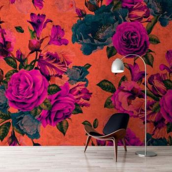 Papier Peint Cuisine Floral Violet et Orange