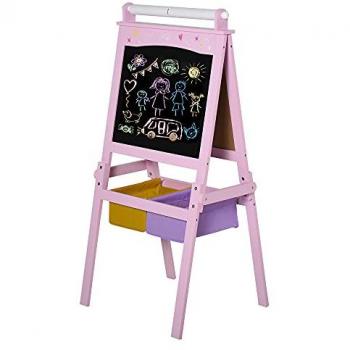 AIYAPLAY 3 In 1 Kid's Wooden Art Easel with Dual-Sides and Storage Baskets, Pink