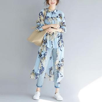 XITAO Plus Size Printed Irregular Blouse with Turn Down Collar and Pockets for Women WLD2281