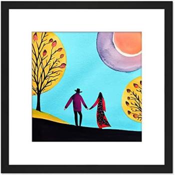 Couple’s Autumn Walk: Hand‑Holding Love Scene, 8x8 Printed on Wood