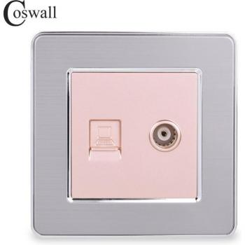 Conector RJ45 para ordenador e Internet COSWALL, CAT5E, salida hembra TV, panel acero inoxidable cepillado, toma de pared