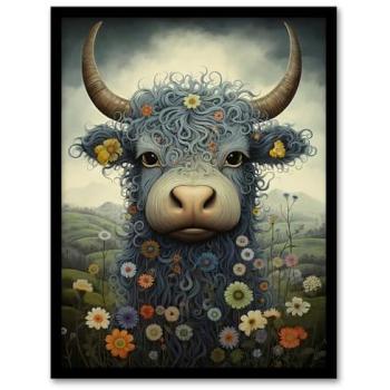 Small Blue Highland Cow in Meadow – Black Frame A4