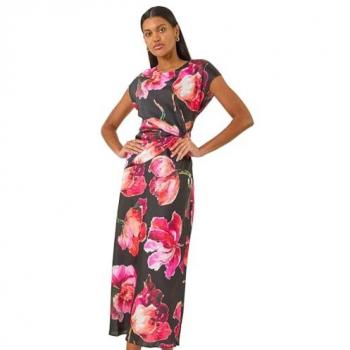 Robe Midi Noire à Motif Floral Roman