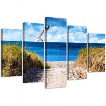 Pannello multi-immagini 5 parti: scena marina, sabbia, erba 100x70 azzurro