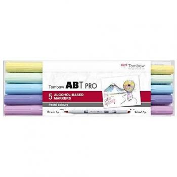 Tombow ABTP-5P-2 Marqueur à base d'alcool ABT PRO à deux pointes, set de 5 pièces, couleurs pastel