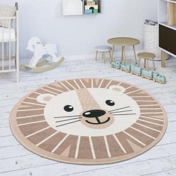 Tapis Bébé Rond Lions Beige Blanc 80 cm