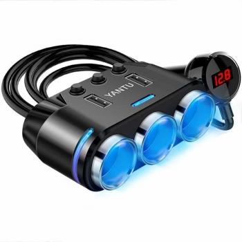 Distributeur allume-cigare 3 ports, affichage tension, double USB, contrôle marche/stop 12 V