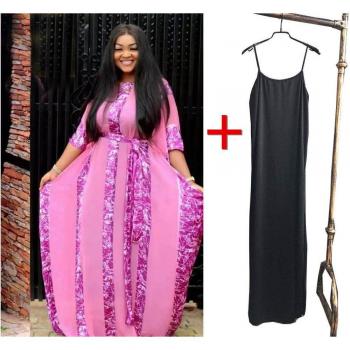 Free Size African Women's Chiffon Dress with Digital Print and Belt