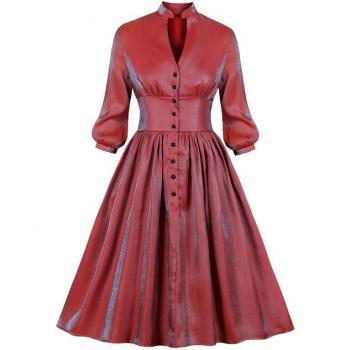 Robe plissée rouge à paillettes, taille haute, décolleté plongeant, soirée automne, vintage