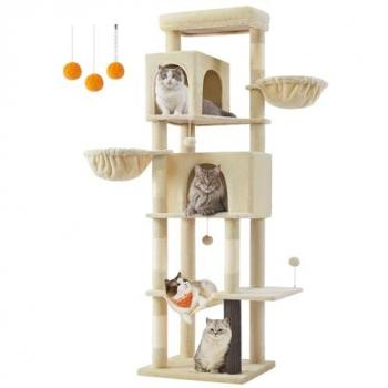 Katzen-Oase XXL – 175 cm, mehrstöckig, taubengrau/Sandbeige (59 × 48 × 190 cm)