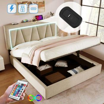 Coffre-lit adulte 140 × 200 cm, recharge USB‑C + éclairage LED, tissu lin beige